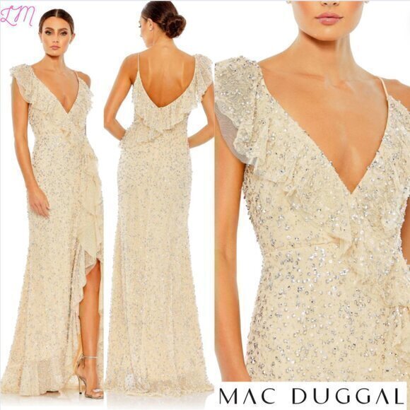 Mac Duggal 10931 Embellished Ruffled Faux‎ Wrap Sleeveless Gown Size 10 Nude - Picture 1 of 10